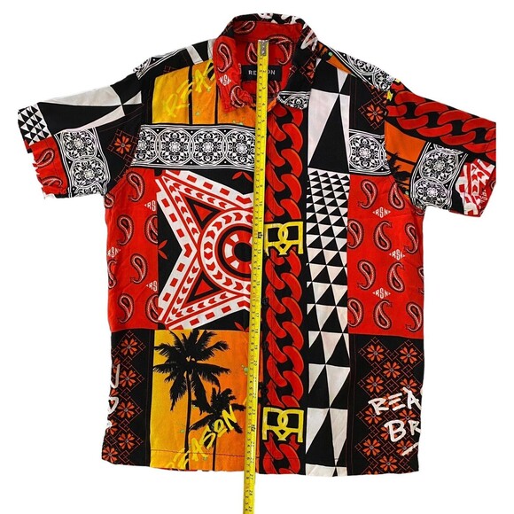 Reason Brand Retro Patchwork Shirt Gold Chain Crown Floral Design Size Large - Picture 10 of 11